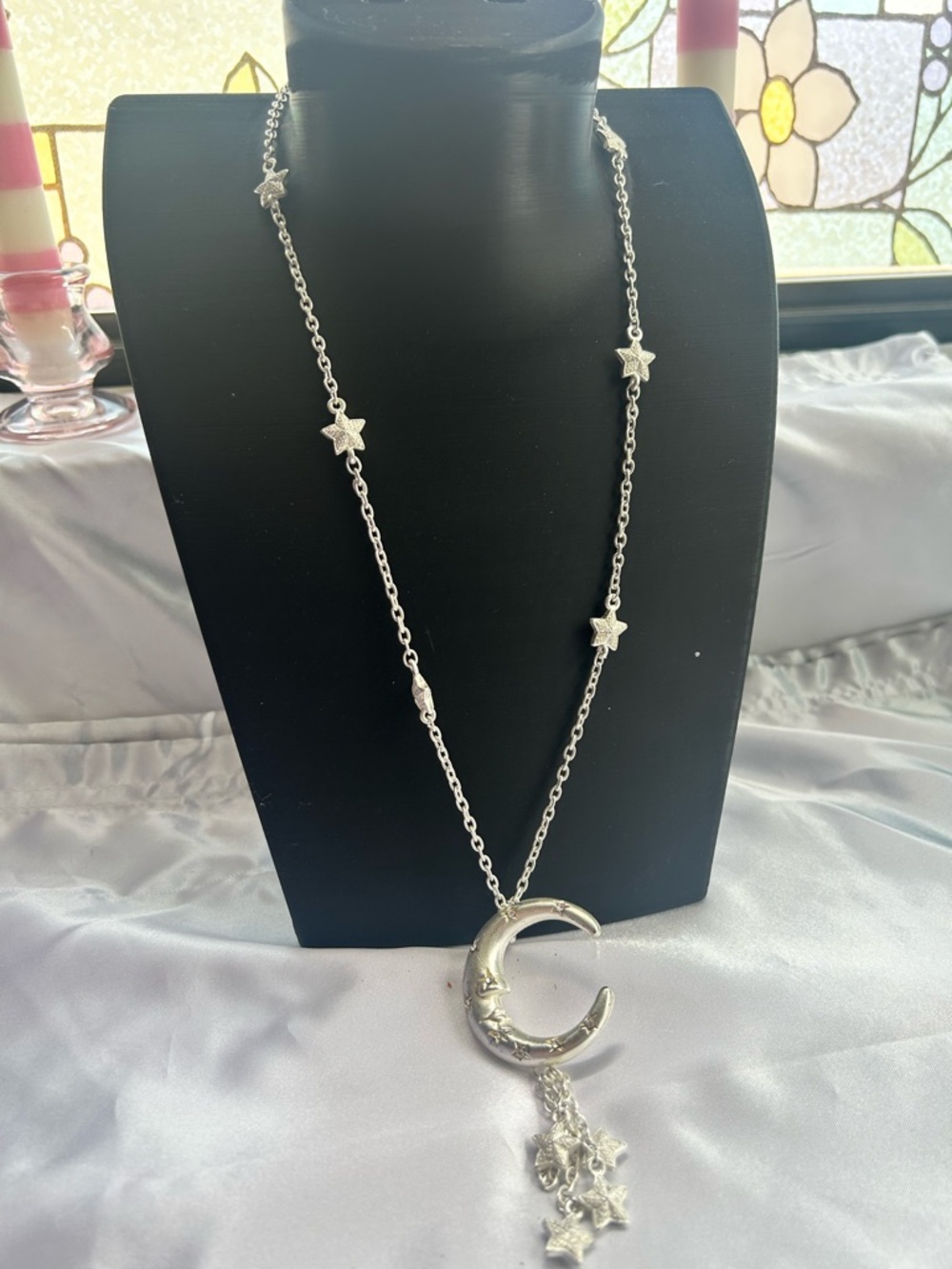 Celestial Crescent Moon & Star Necklace - Silver